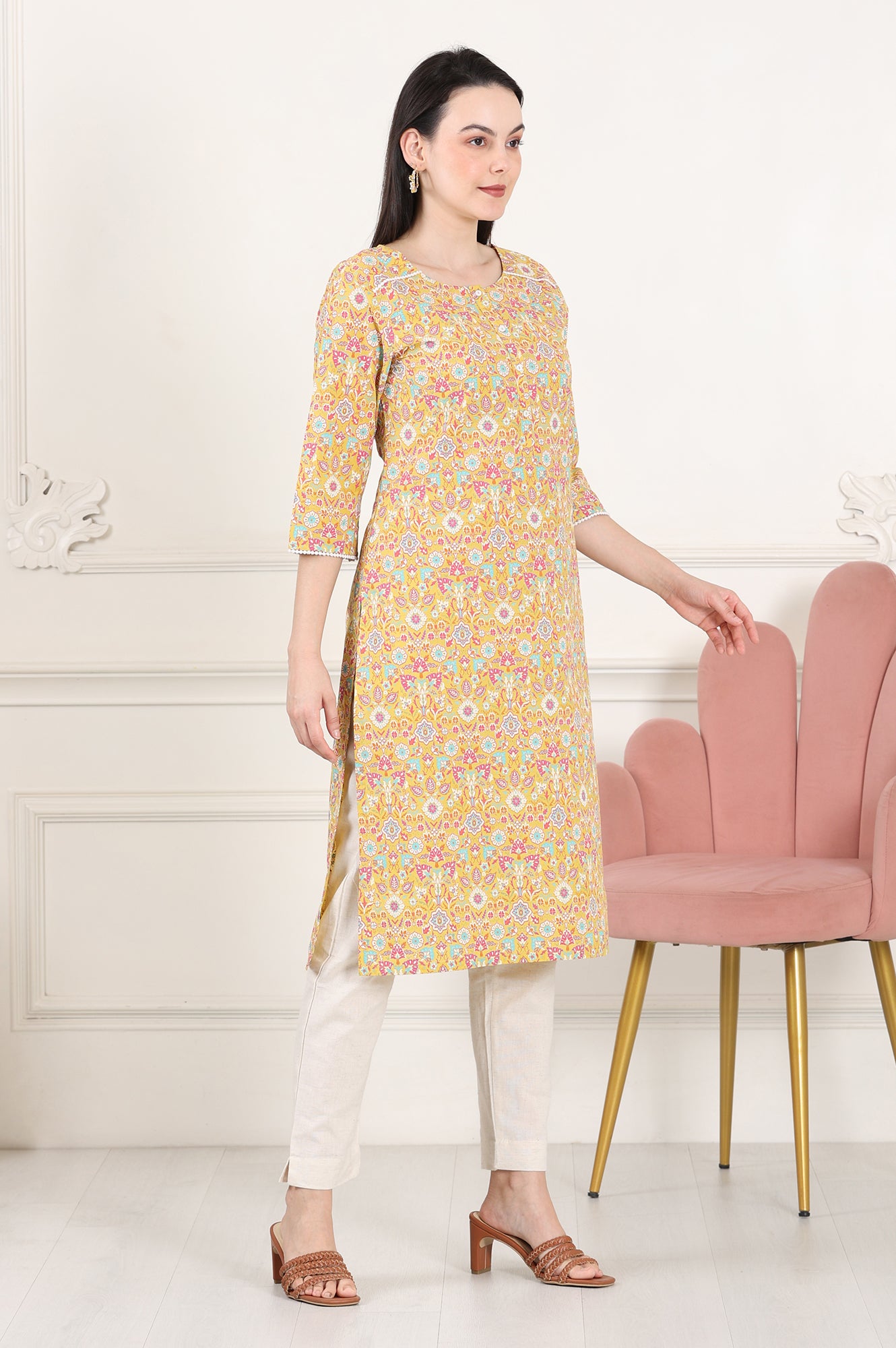 Yellow Floral Printed Pure Cotton Straight Kurta - wforwoman