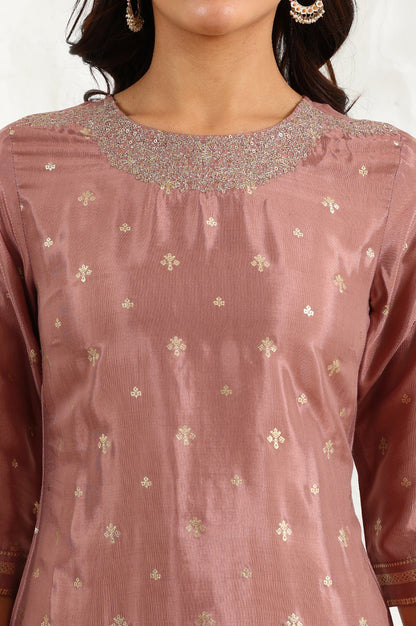 Pink Glitter Printed Shantung Straight Kurta With Embroidered Neck