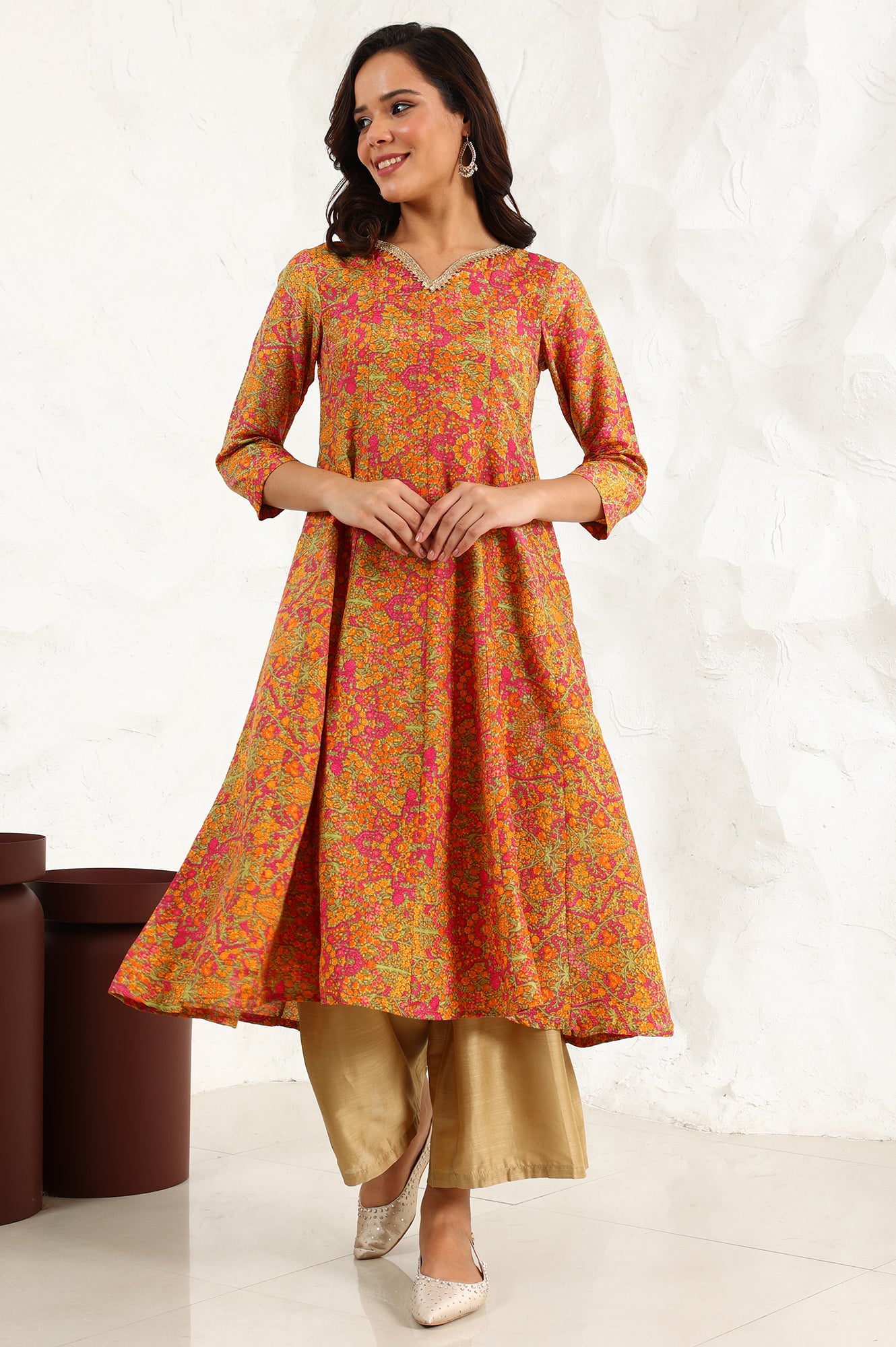 Taupe Floral Printed Anarkali Festive Shantung Kurta