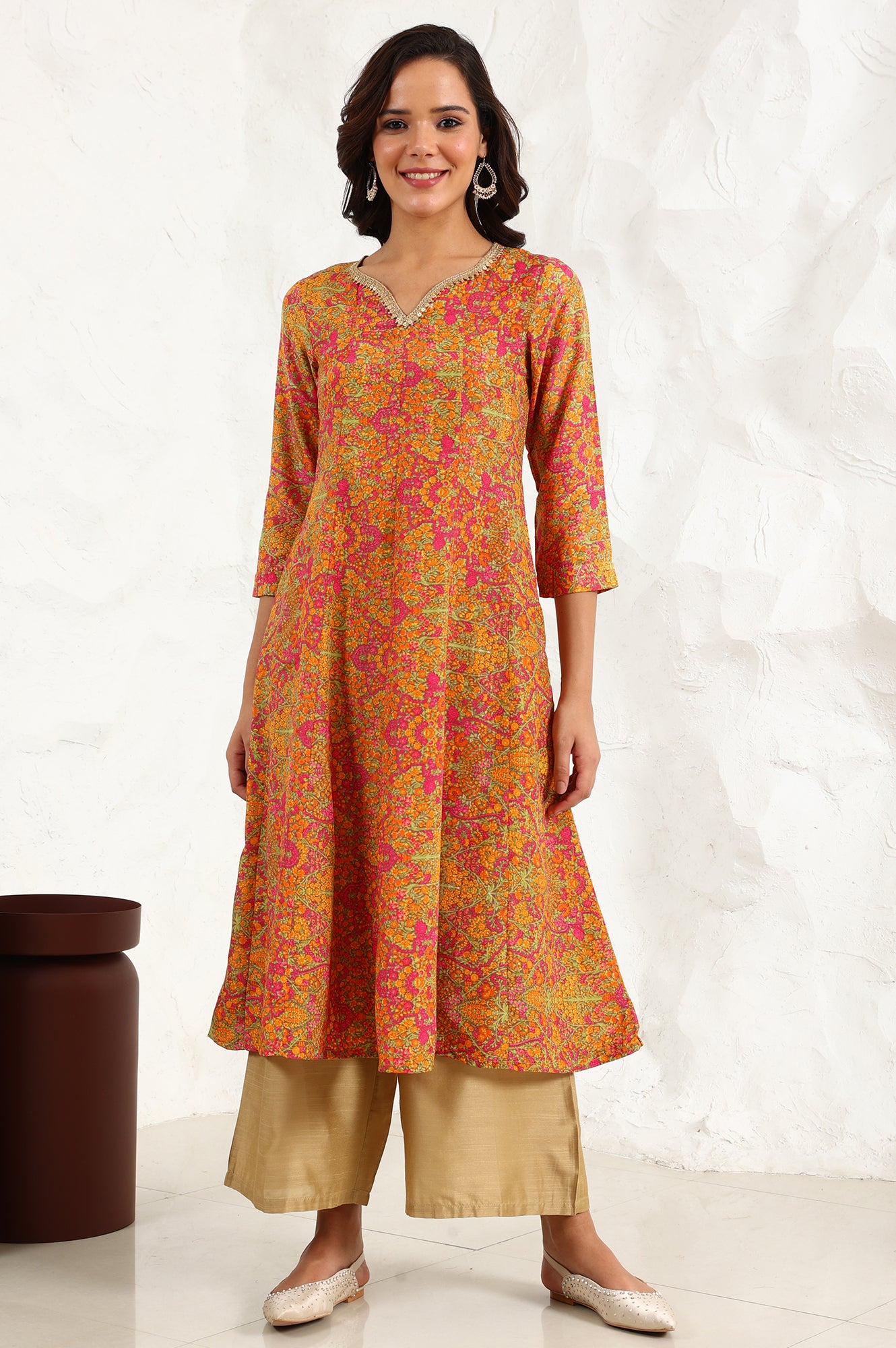 Taupe Floral Printed Anarkali Festive Shantung Kurta