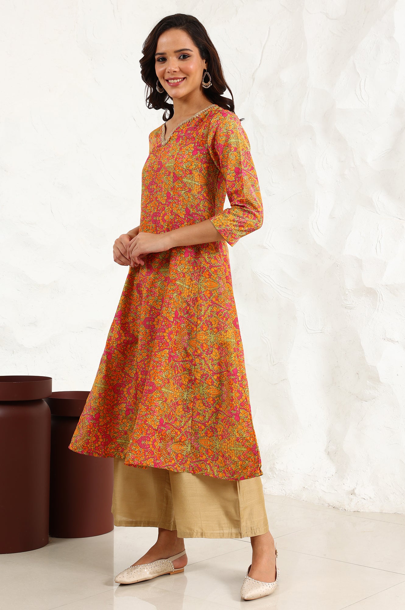 Taupe Floral Printed Anarkali Festive Shantung Kurta