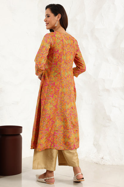 Taupe Floral Printed Anarkali Festive Shantung Kurta