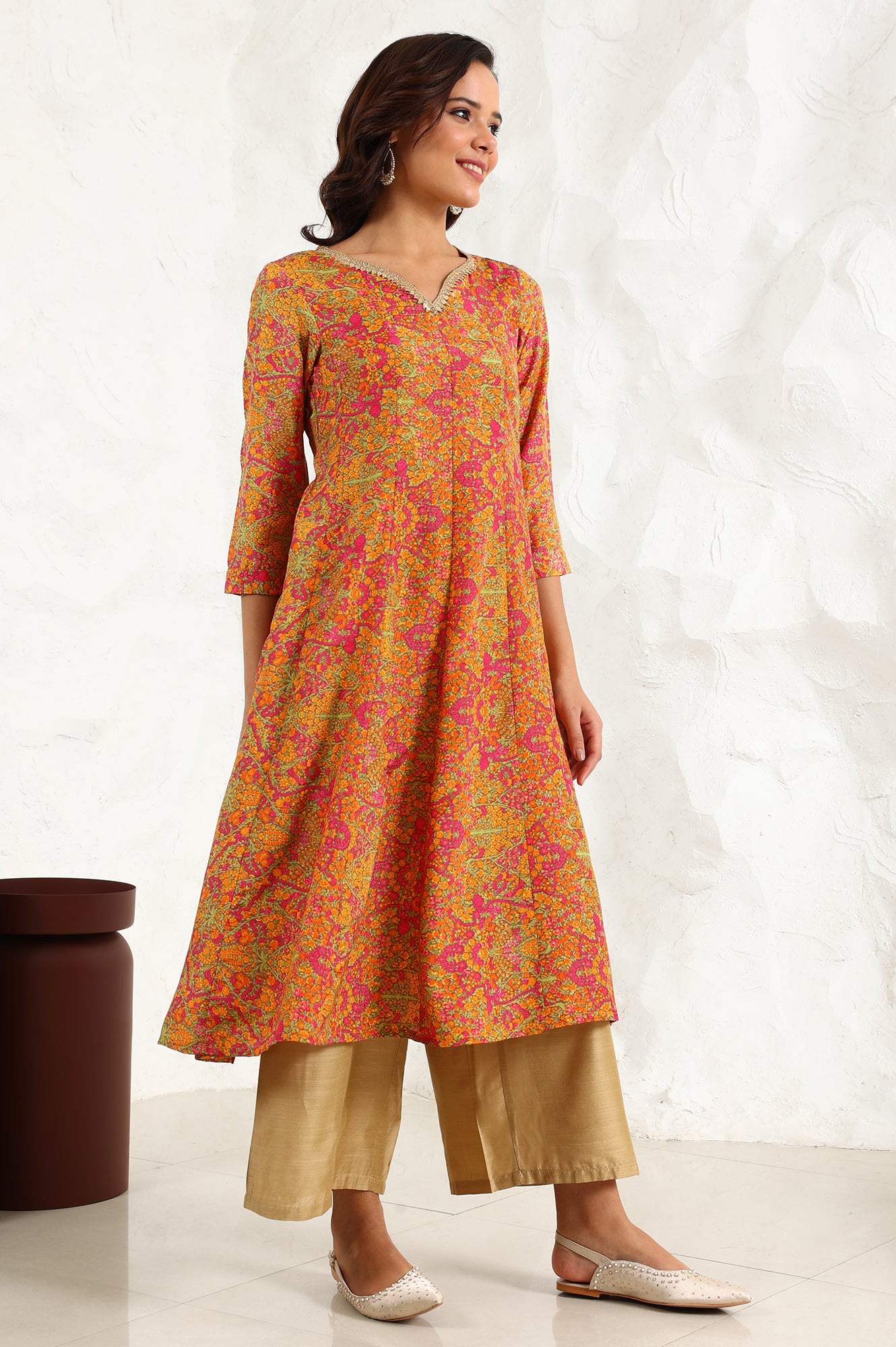 Taupe Floral Printed Anarkali Festive Shantung Kurta