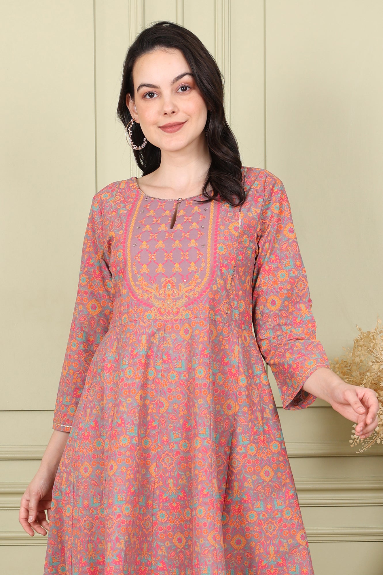 Magenta Floral Printed Pure Cotton Flared Kurta With Sequin Detail