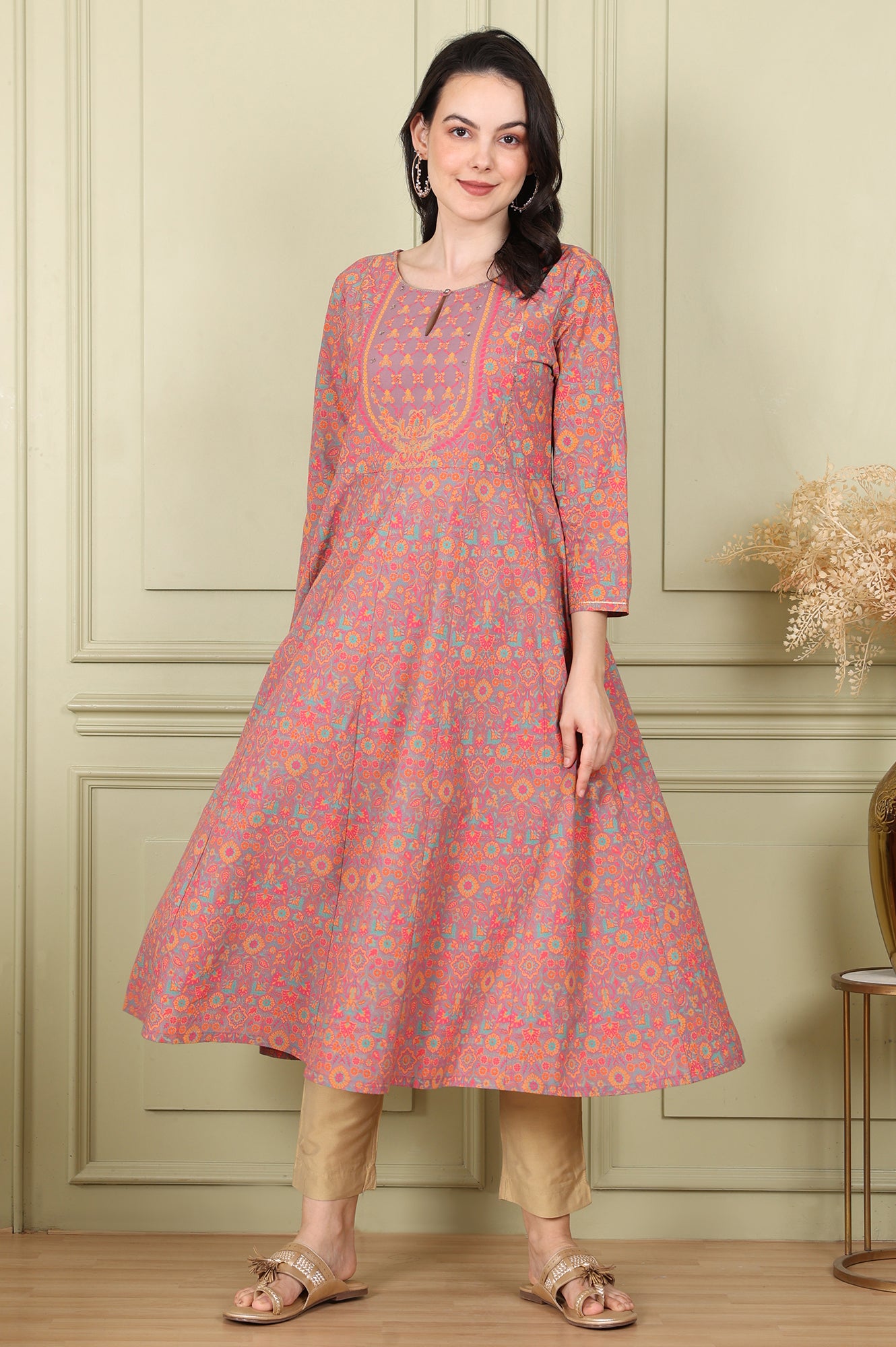 Magenta Floral Printed Pure Cotton Flared Kurta With Sequin Detail