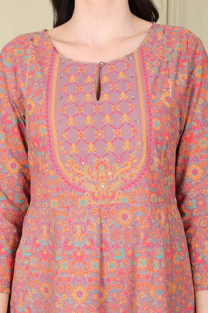 Magenta Floral Printed Pure Cotton Flared Kurta With Sequin Detail