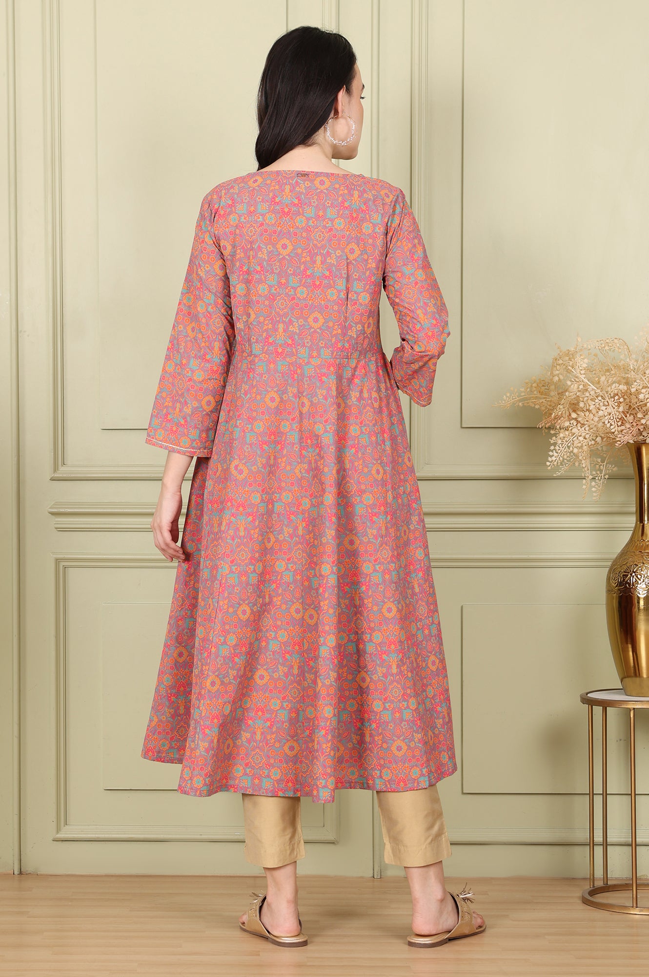 Magenta Floral Printed Pure Cotton Flared Kurta With Sequin Detail