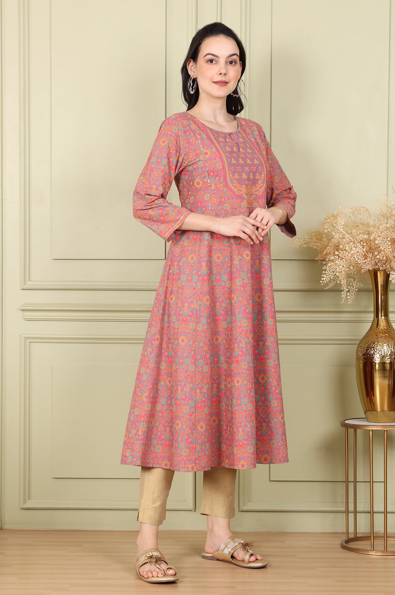 Magenta Floral Printed Pure Cotton Flared Kurta With Sequin Detail