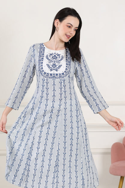 White And Blue Floral Printed Thread Embroidered A-Line Rayon Flax Kurta - wforwoman