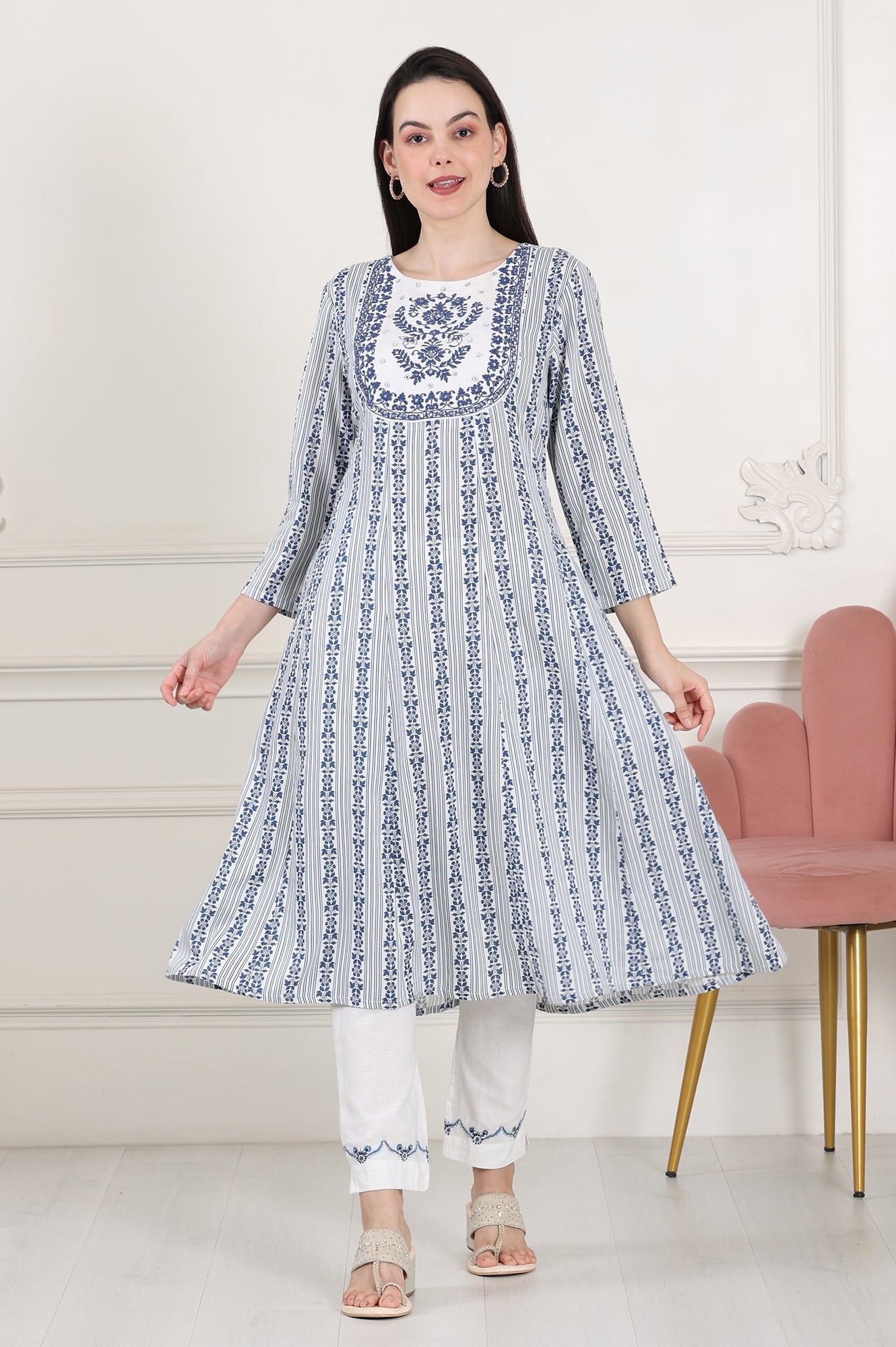 White And Blue Floral Printed Thread Embroidered A-Line Rayon Flax Kurta - wforwoman