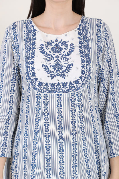 White And Blue Floral Printed Thread Embroidered A-Line Rayon Flax Kurta - wforwoman