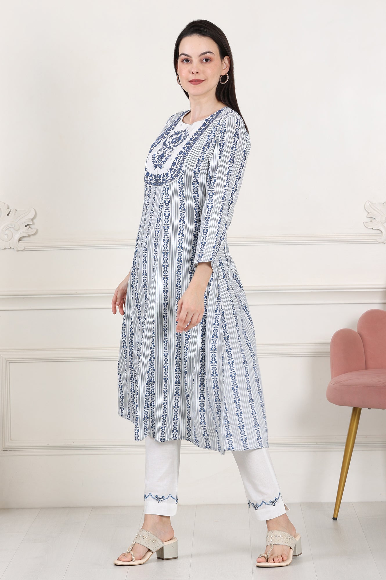 White And Blue Floral Printed Thread Embroidered A-Line Rayon Flax Kurta - wforwoman