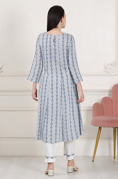 White And Blue Floral Printed Thread Embroidered A-Line Rayon Flax Kurta - wforwoman