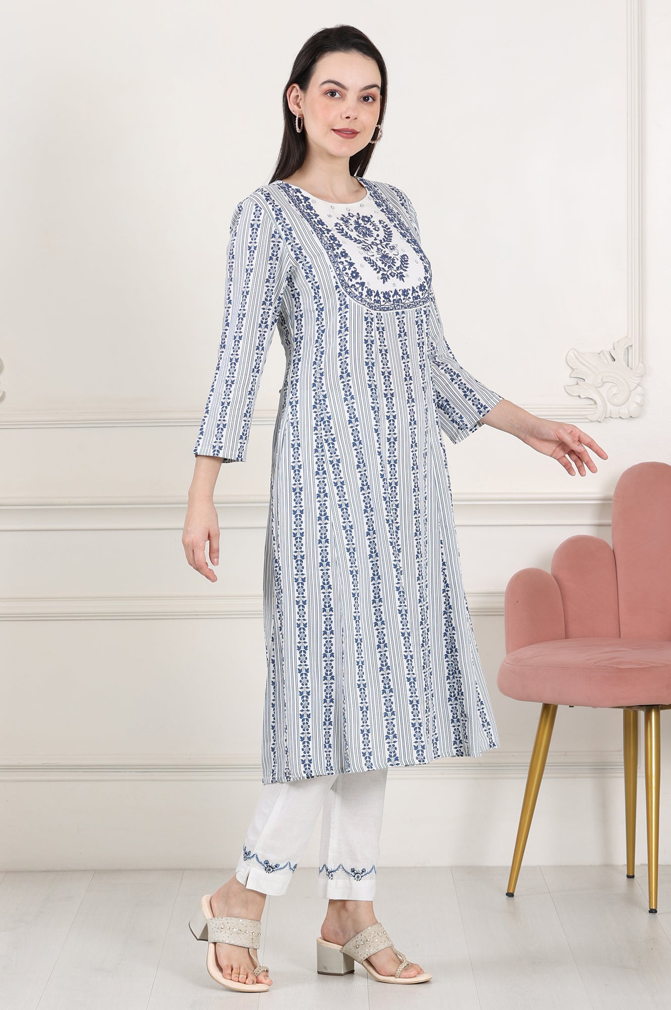 White And Blue Floral Printed Thread Embroidered A-Line Rayon Flax Kurta - wforwoman