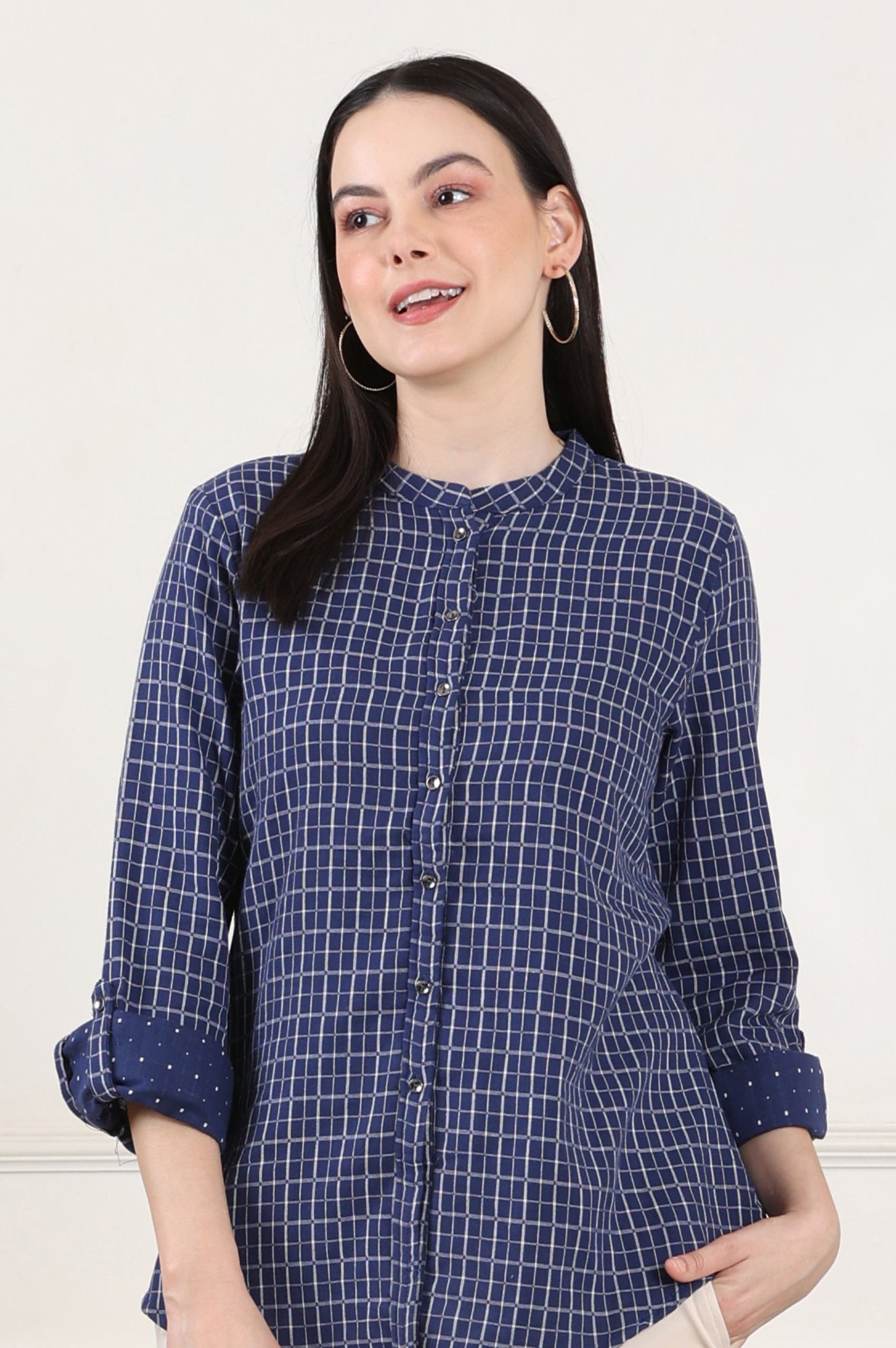 Blue Check Printed Pure Cotton Western Top - wforwoman