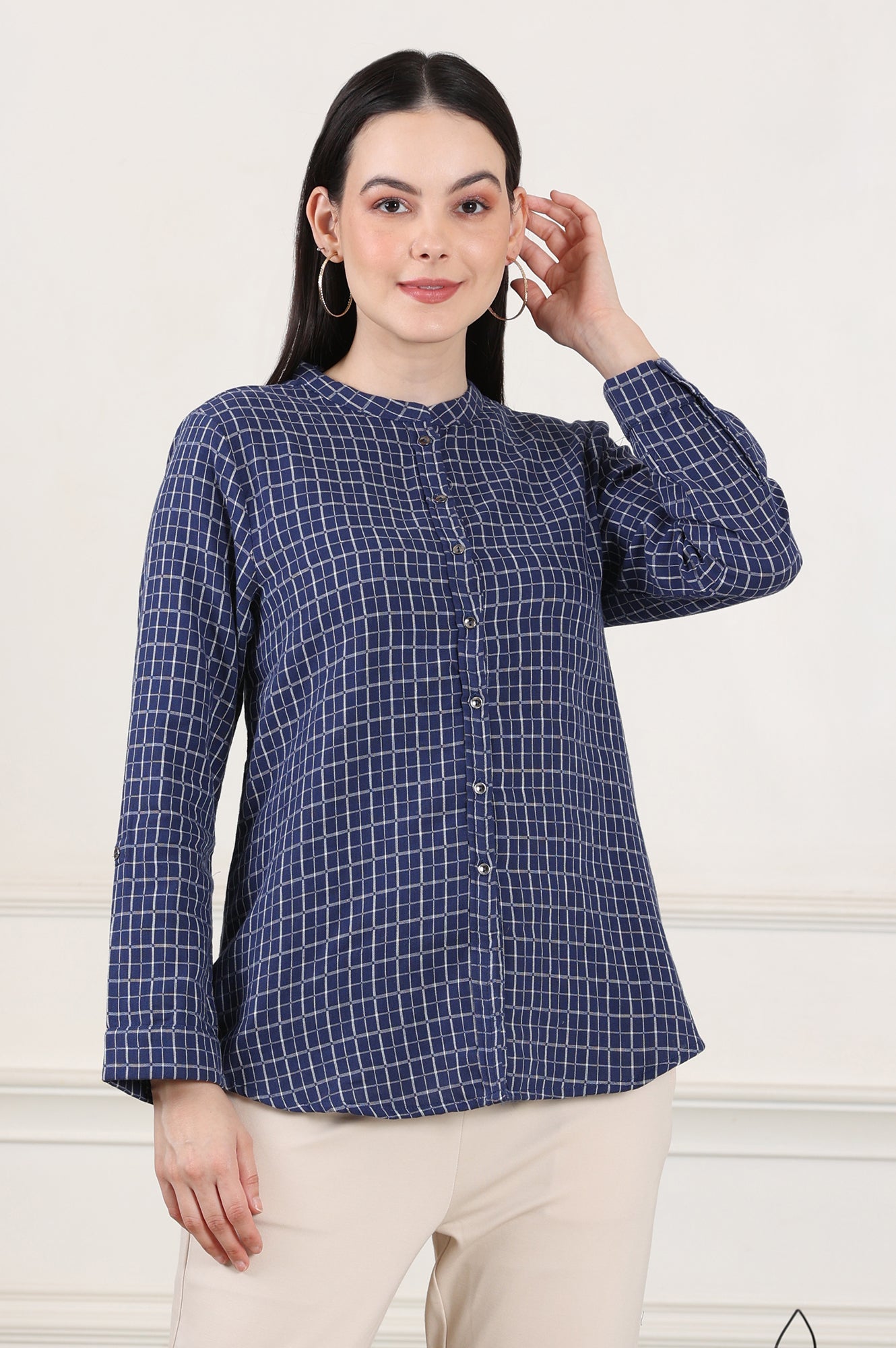 Blue Check Printed Pure Cotton Western Top - wforwoman