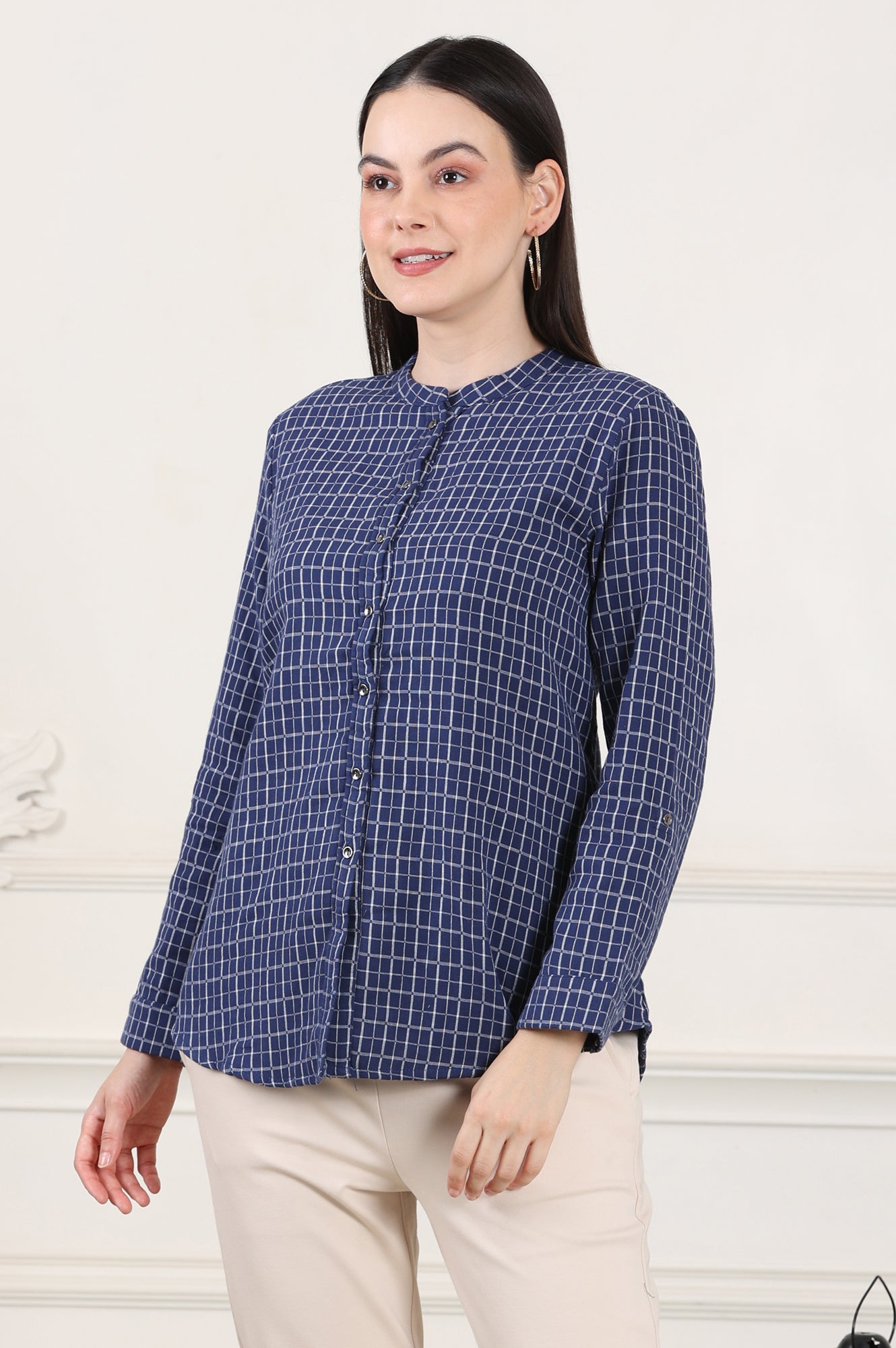 Blue Check Printed Pure Cotton Western Top - wforwoman