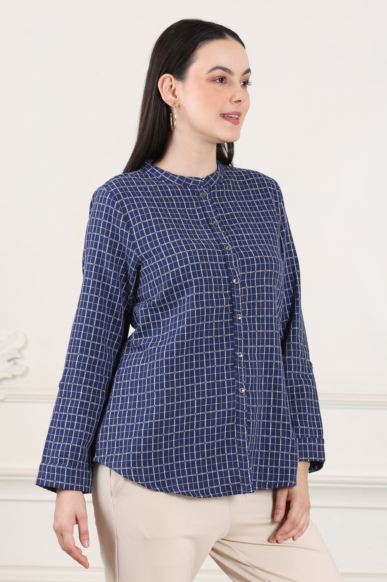 Blue Check Printed Pure Cotton Western Top - wforwoman