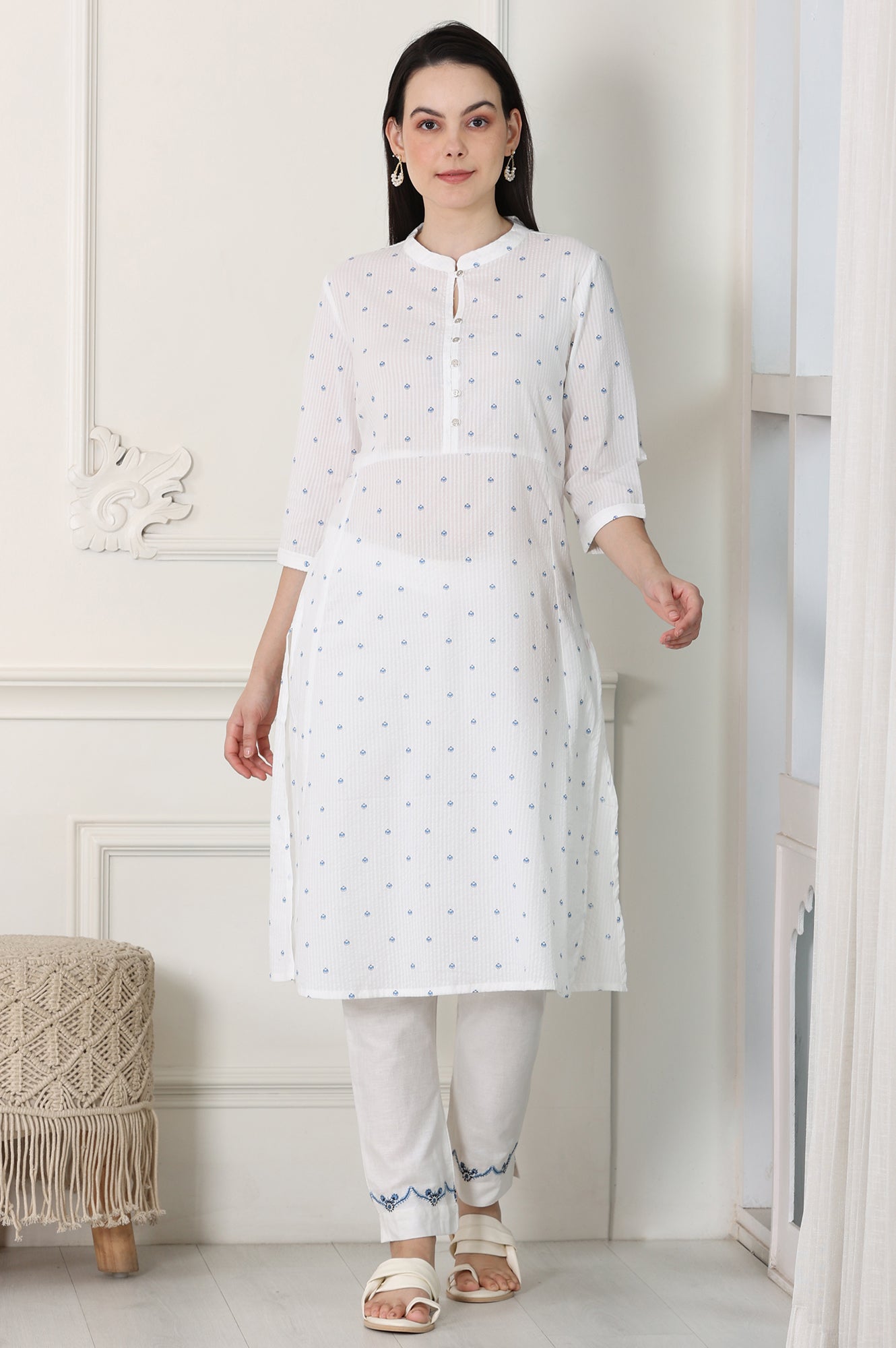 White Printed Pure Cotton Soft &amp; Breathable Straight Kurta - wforwoman