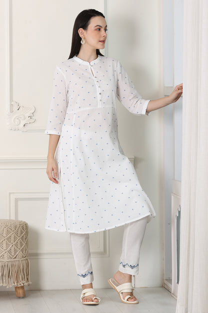 White Printed Pure Cotton Soft &amp; Breathable Straight Kurta - wforwoman