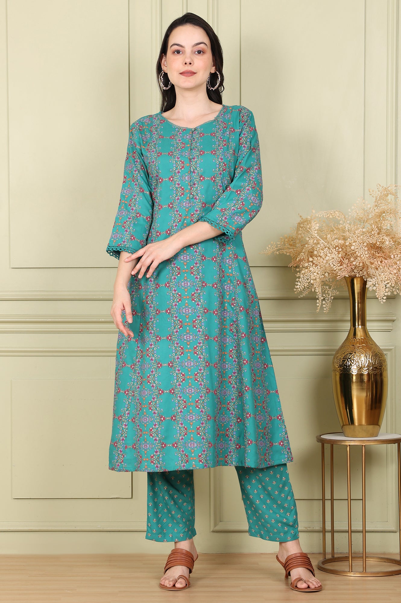 Blue Floral Printed Flared Rayon Kurta With Lace