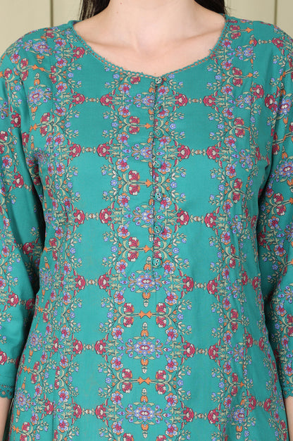 Blue Floral Printed Flared Rayon Kurta With Lace