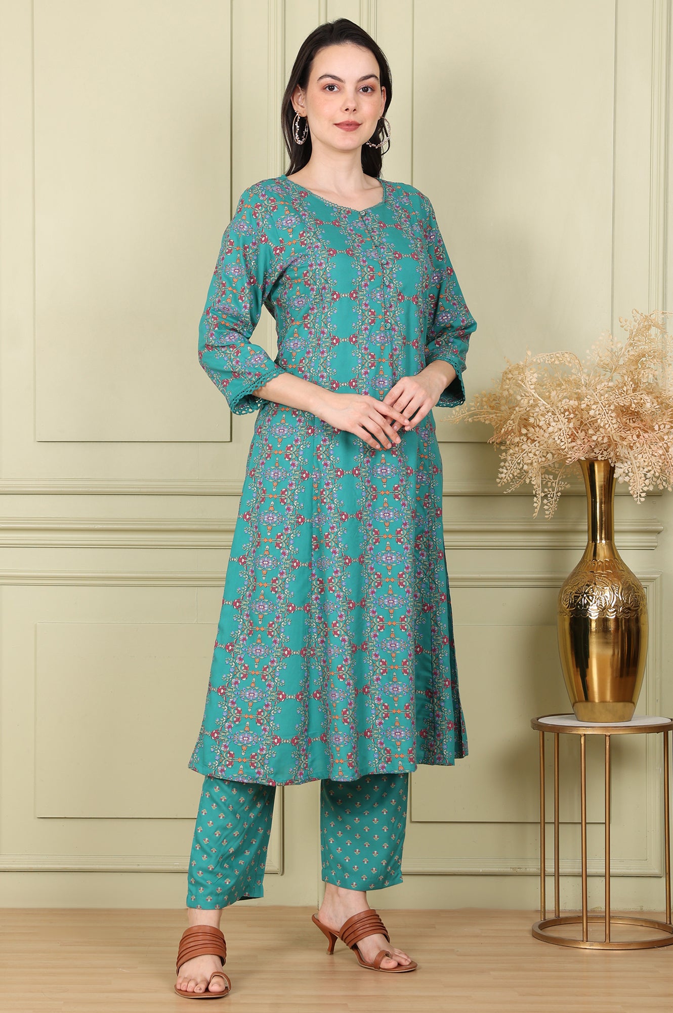 Blue Floral Printed Flared Rayon Kurta With Lace