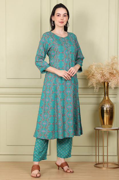 Blue Floral Printed Flared Rayon Kurta With Lace