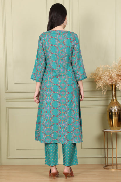 Blue Floral Printed Flared Rayon Kurta With Lace