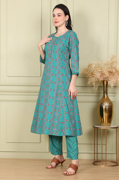 Blue Floral Printed Flared Rayon Kurta With Lace