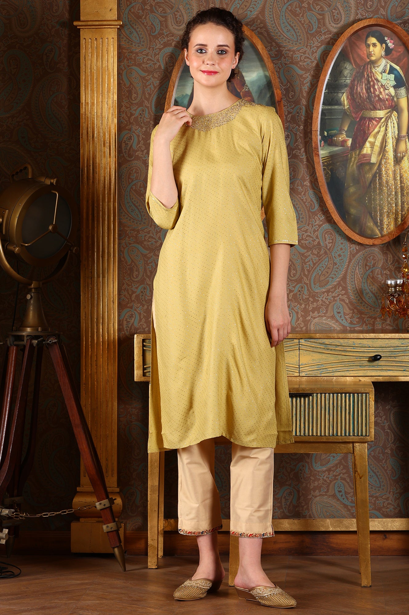 Green Glitter Dot Printed Straight Shantung Kurta With Embroidered Neck