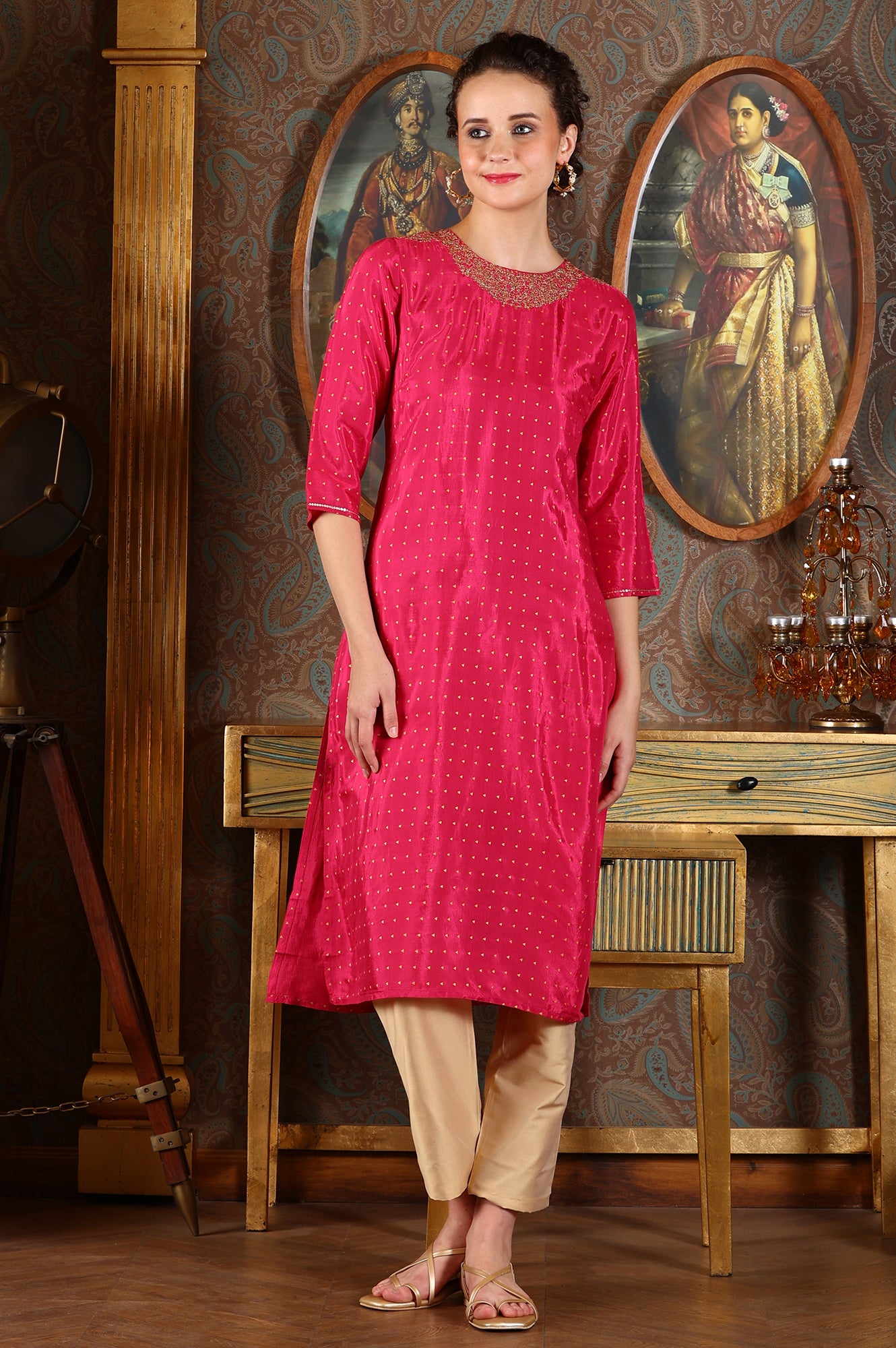 Magenta Pink Glitter Dot Printed Straight Shantung Kurta With Embroidered Neck