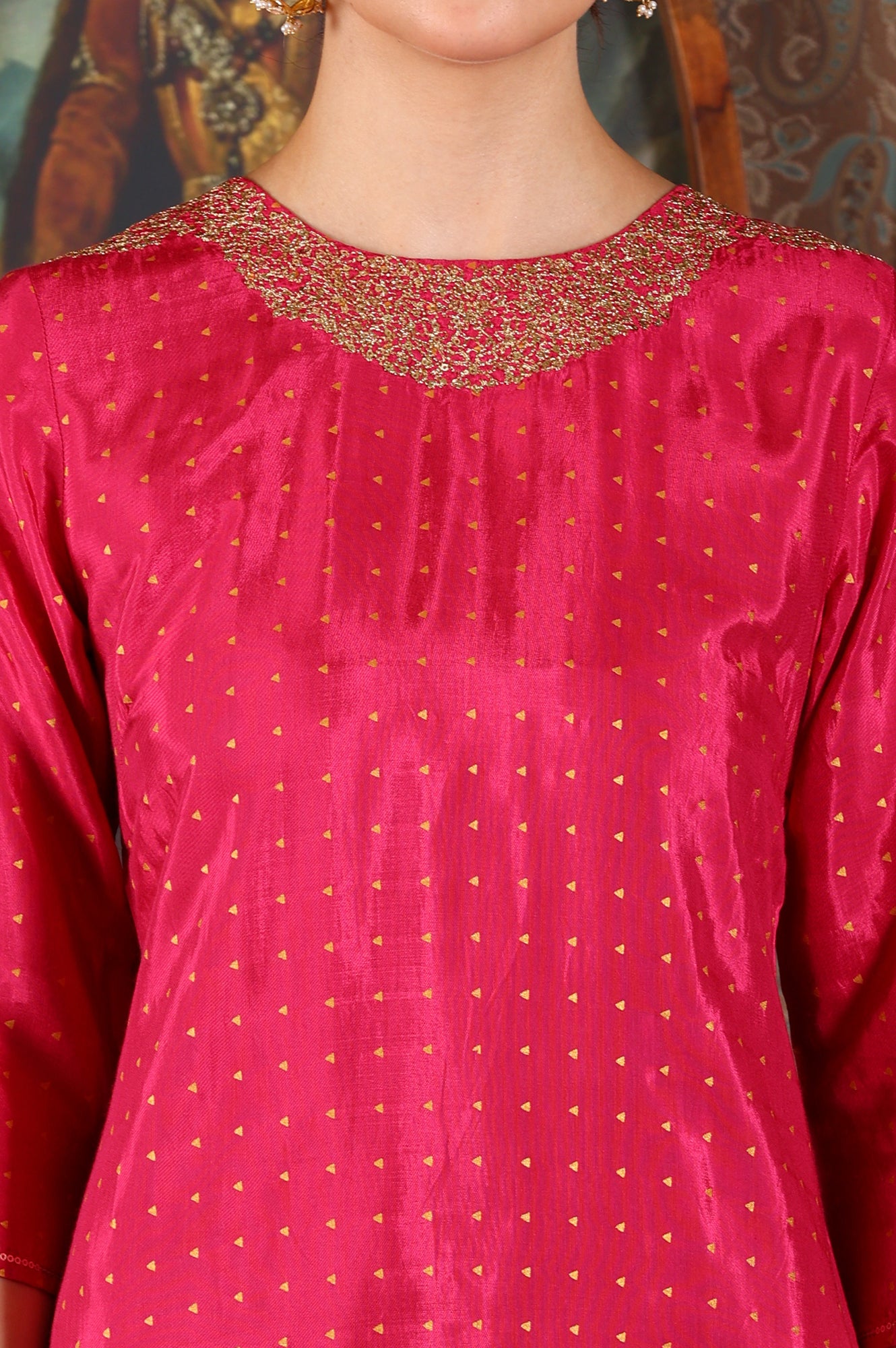 Magenta Pink Glitter Dot Printed Straight Shantung Kurta With Embroidered Neck