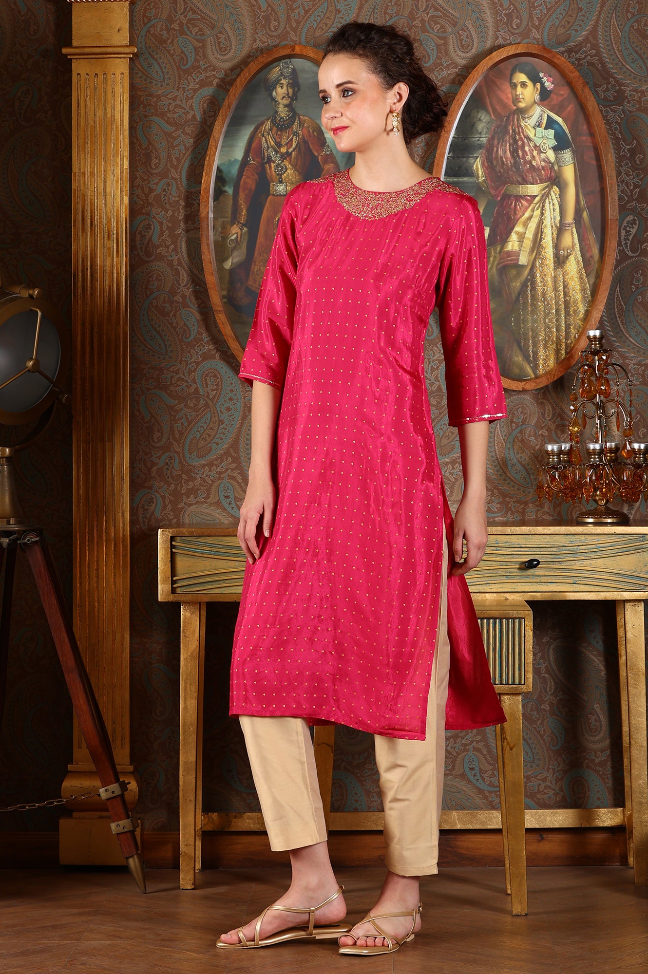 Magenta Pink Glitter Dot Printed Straight Shantung Kurta With Embroidered Neck