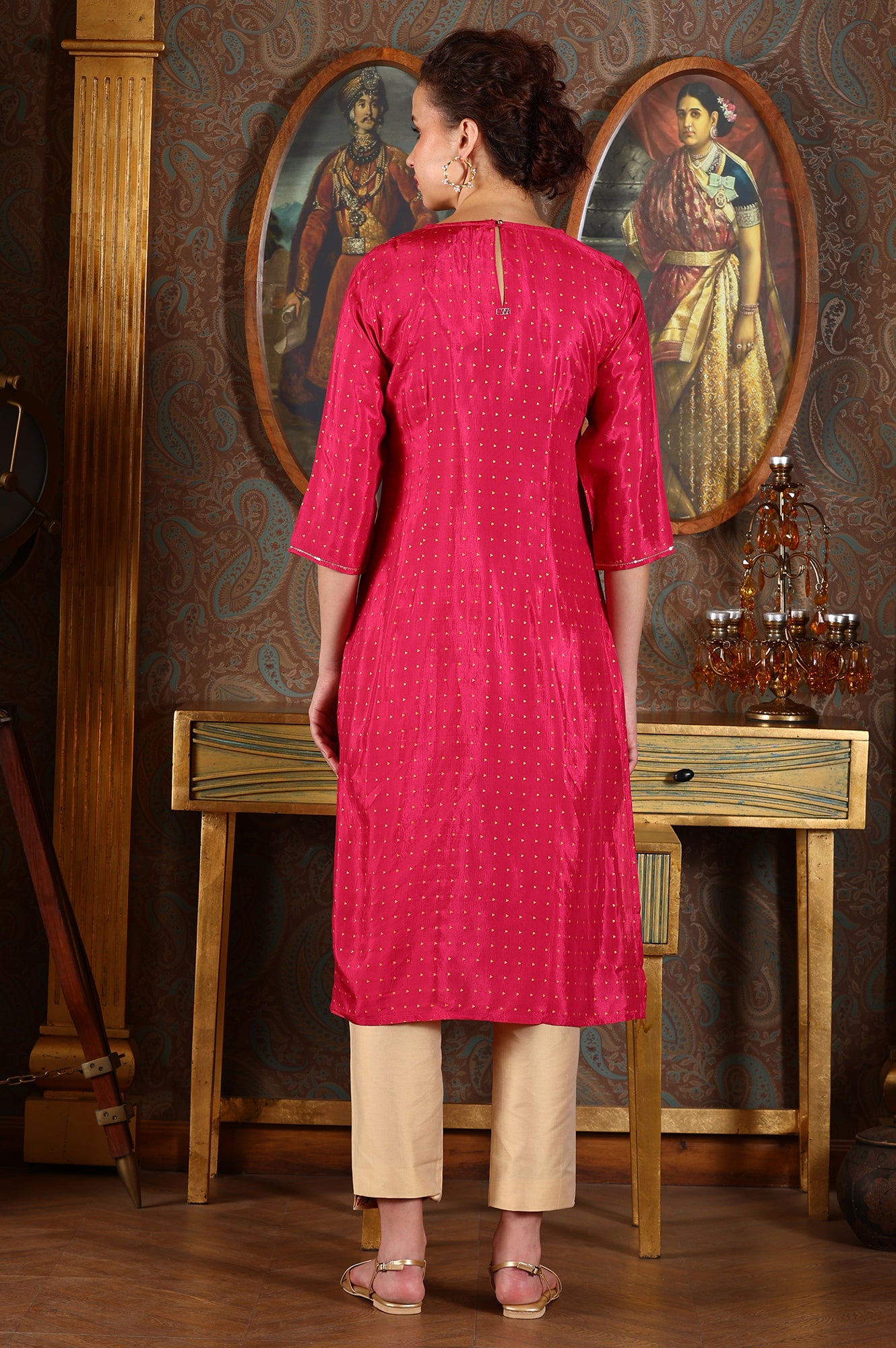 Magenta Pink Glitter Dot Printed Straight Shantung Kurta With Embroidered Neck