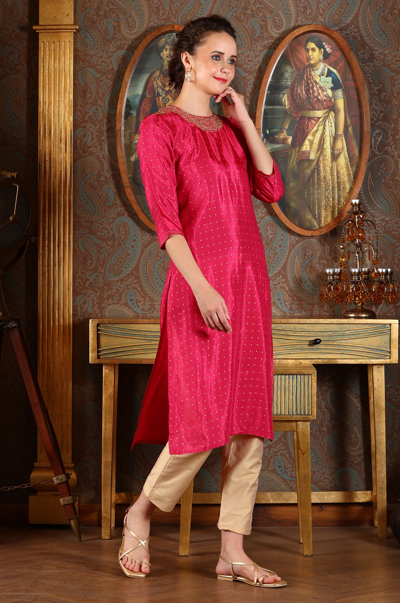 Magenta Pink Glitter Dot Printed Straight Shantung Kurta With Embroidered Neck