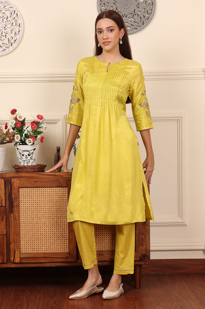 Yellow Pleated Yoke Shantun Kurta With Embroidery - wforwoman