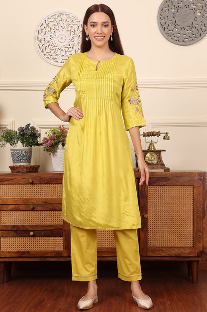 Yellow Pleated Yoke Shantun Kurta With Embroidery - wforwoman