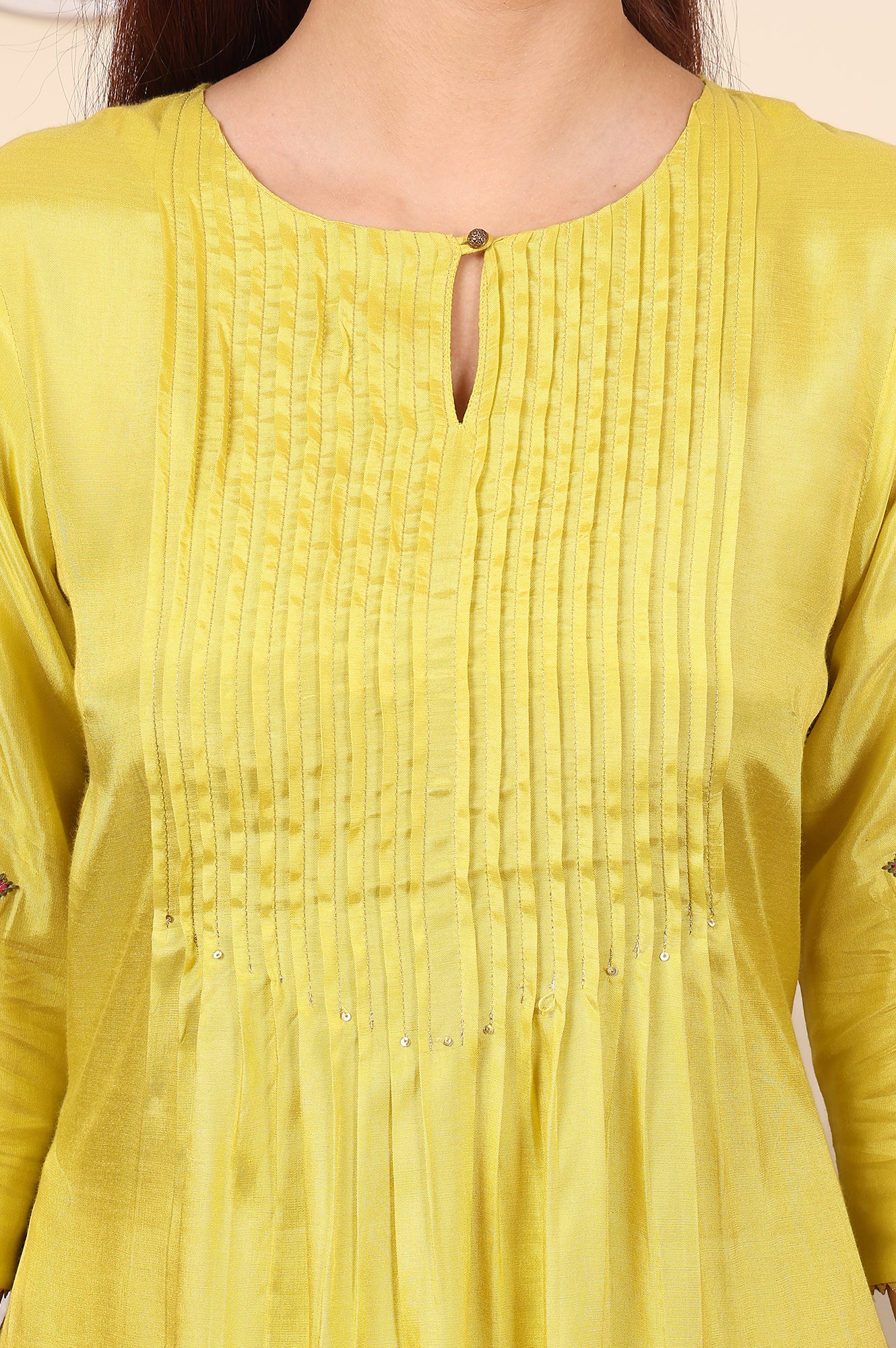 Yellow Pleated Yoke Shantun Kurta With Embroidery - wforwoman