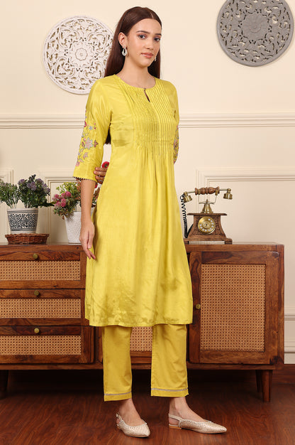 Yellow Pleated Yoke Shantun Kurta With Embroidery - wforwoman