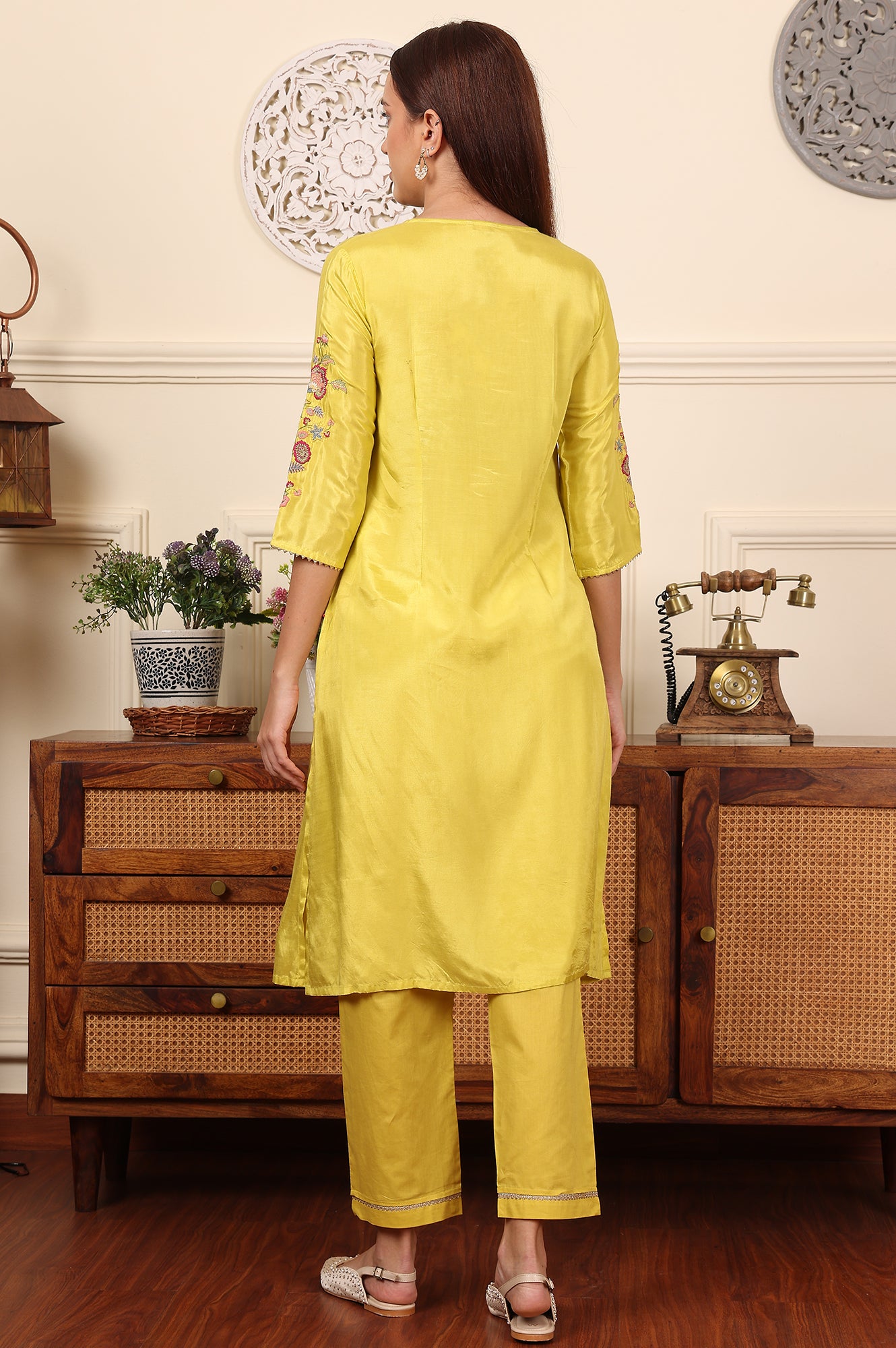 Yellow Pleated Yoke Shantun Kurta With Embroidery - wforwoman