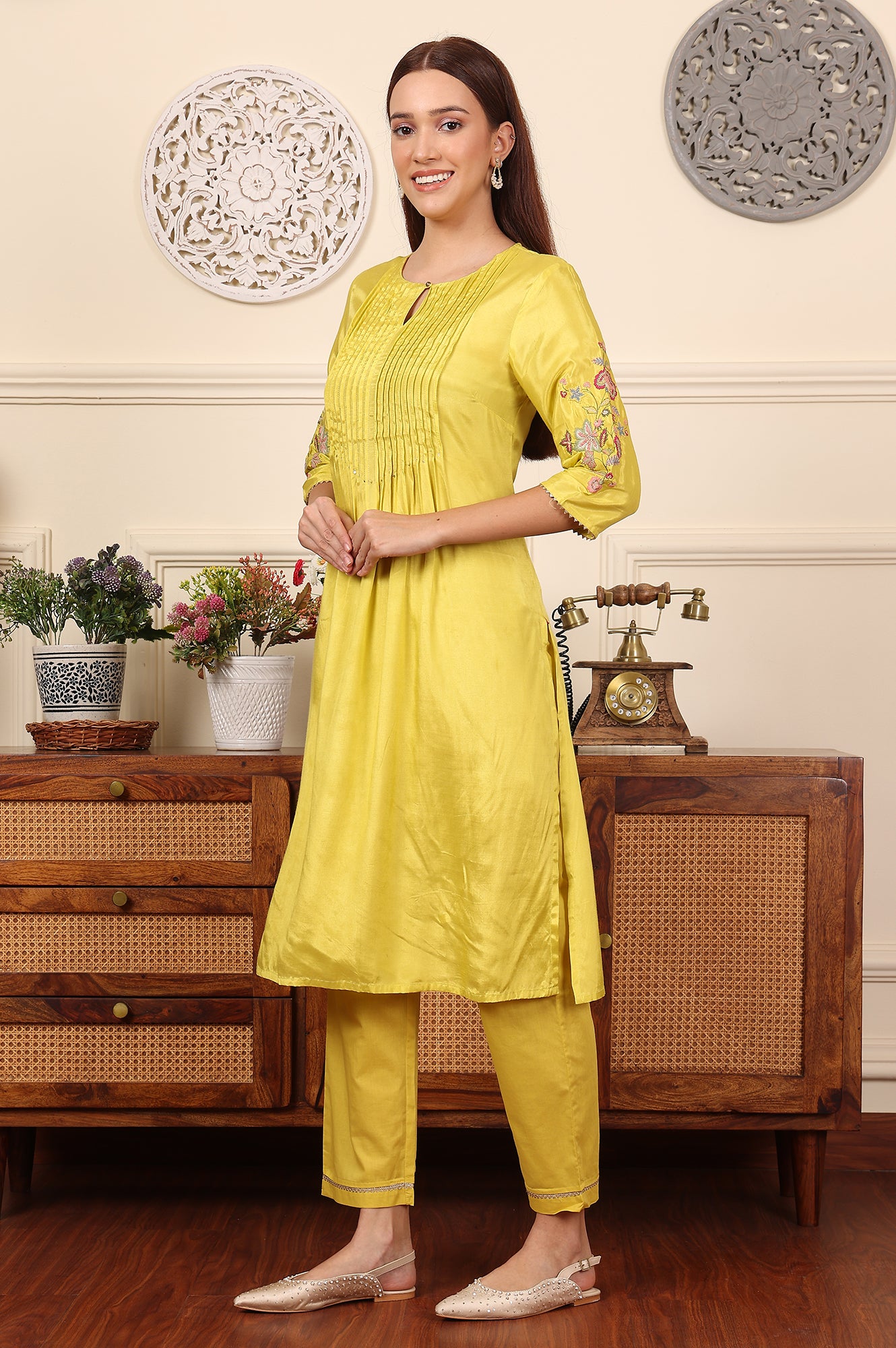 Yellow Pleated Yoke Shantun Kurta With Embroidery - wforwoman