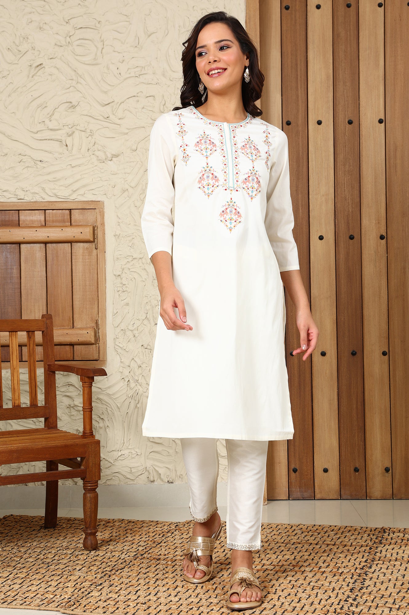 White Festive Straight Kurta With Multi-Coloured Embroidery On Yoke