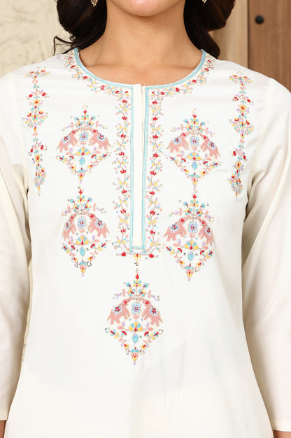 White Festive Straight Kurta With Multi-Coloured Embroidery On Yoke