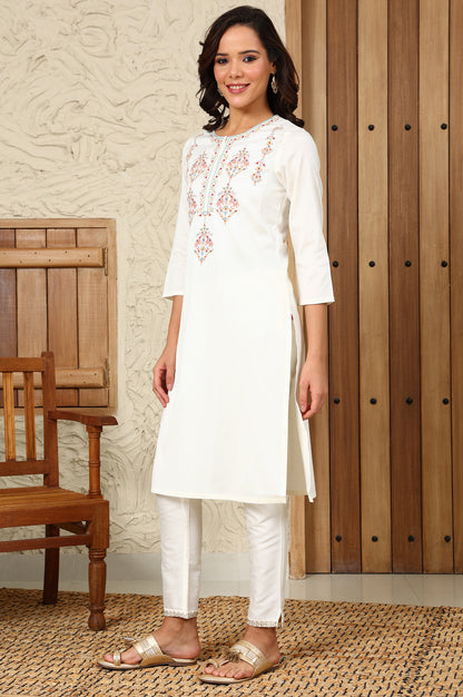 White Festive Straight Kurta With Multi-Coloured Embroidery On Yoke