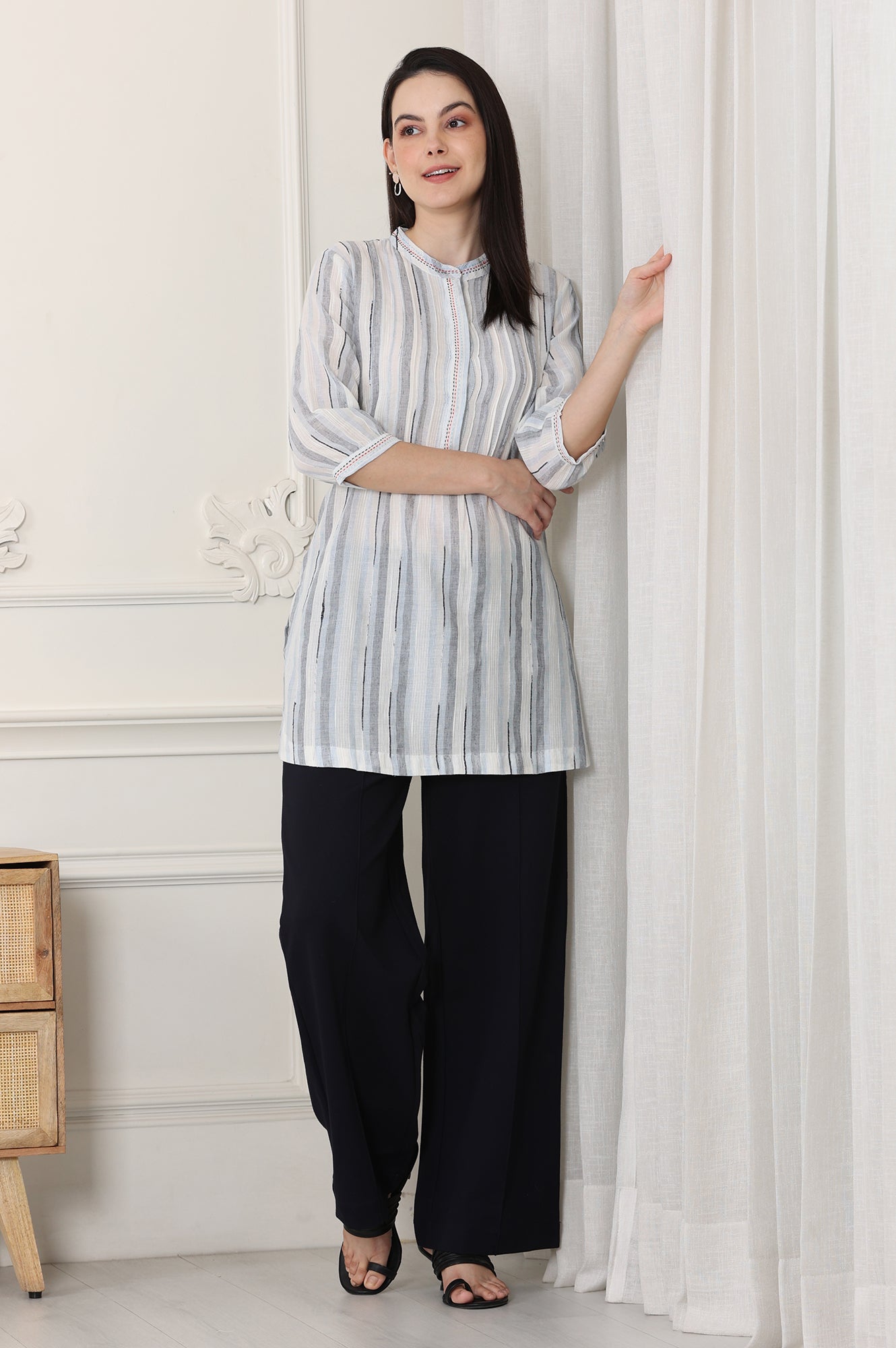 White Yarn-Dyed Cotton Blend Mandarin Collar Top