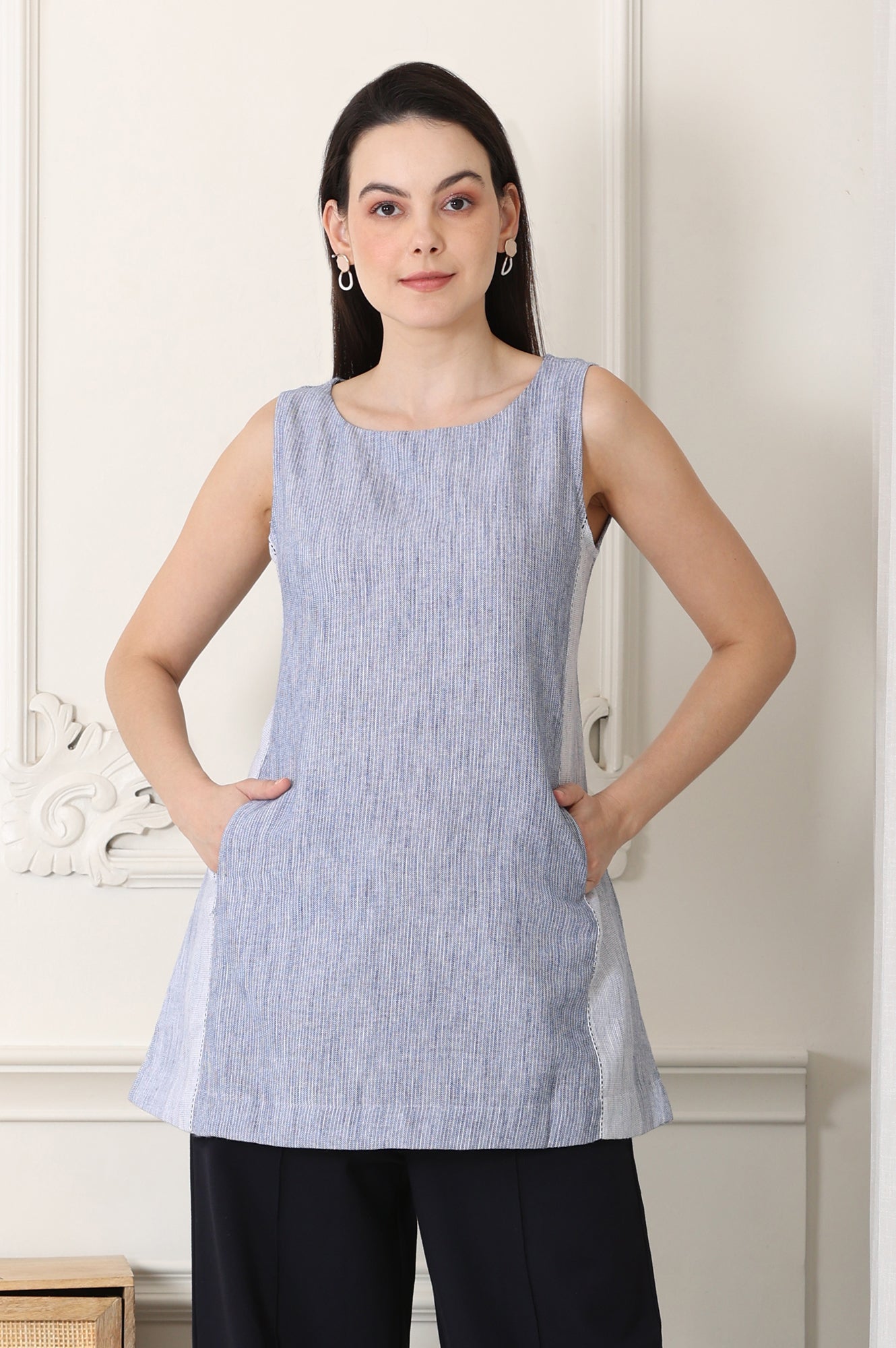 Deep Blue Yarn-Dyed Pure Cotton Sleeveless Tank Top