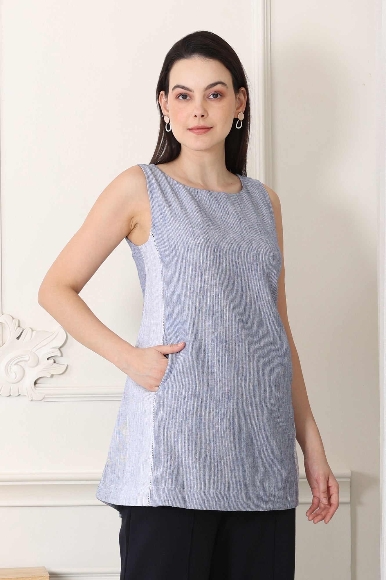 Deep Blue Yarn-Dyed Pure Cotton Sleeveless Tank Top