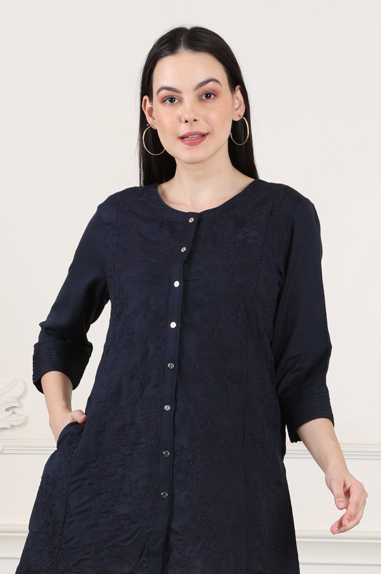 Blue Button Down Rayon Flax Embroidered Top