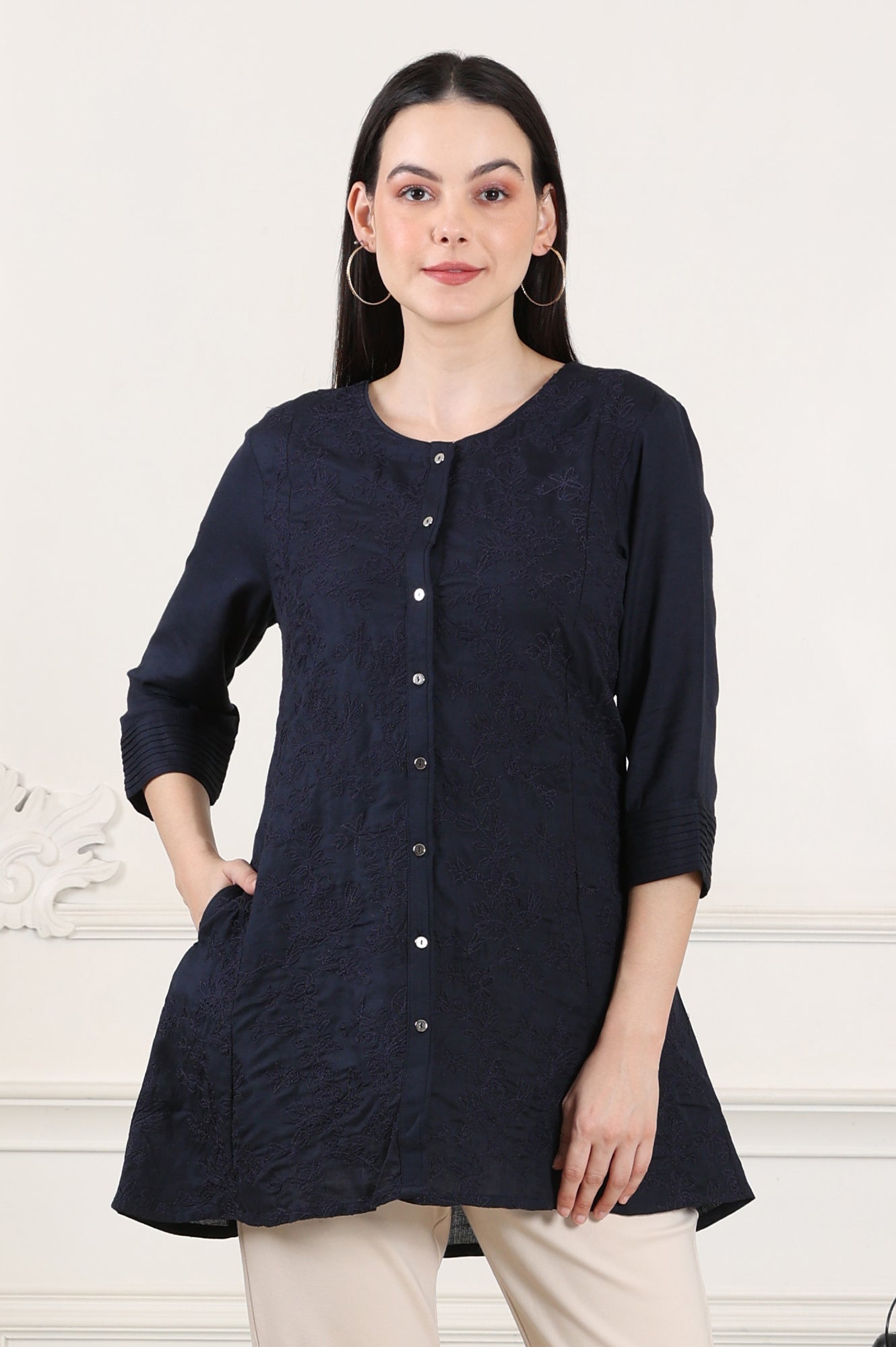 Blue Button Down Rayon Flax Embroidered Top